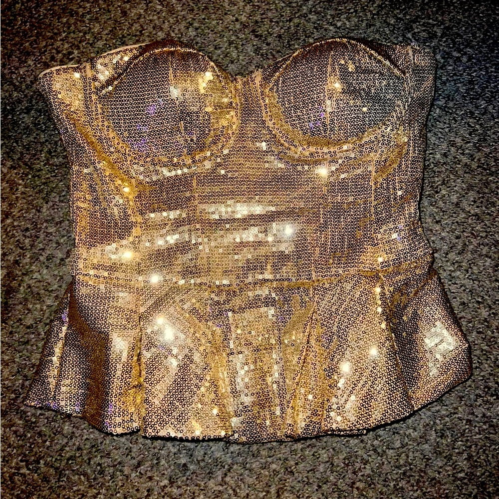 Bebe small gold sequin peplum tube top